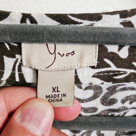 Yvos Women's Size XL Flowy Peasant Blouse Cream Brown Baroque Linen Blend Boho - Picture 5 of 6